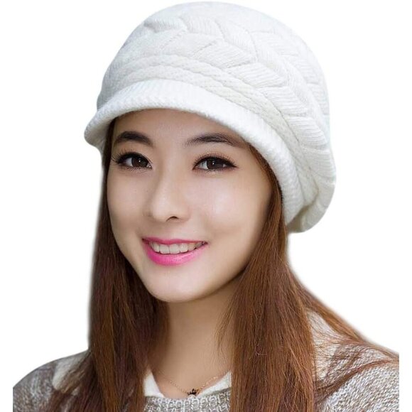 〽️Women’s White Winter Warm Knit Wool Snow Ski Hat with Visor main image 5